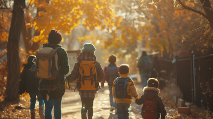 Multi ethnic group of children walking to school through warm leafy are, back to school, term, semester, primary
