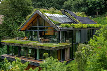 Eco-friendly house equipped with solar panels and sustainable design