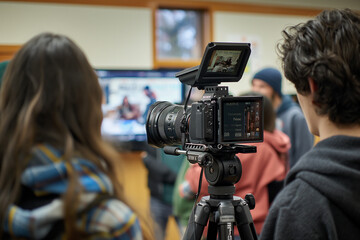 group of students engaged in media studies class focusing on multimedia equipment