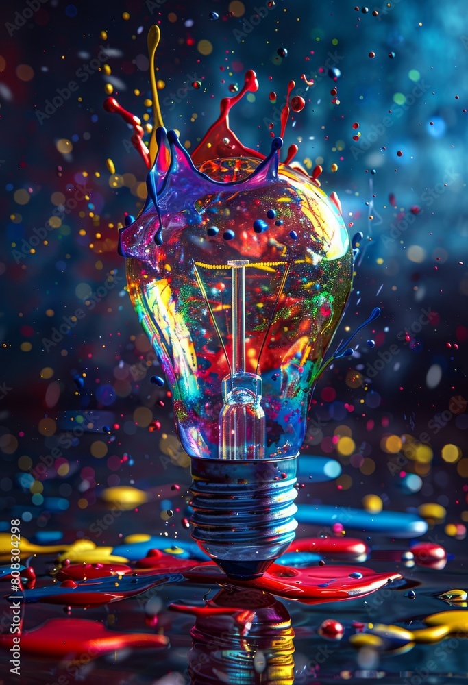 Poster light bulb with colorful paint splashing out of it