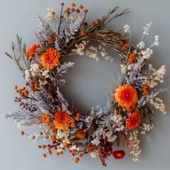 Frosted Autumn Floral Wreath with Vibrant Orange Flowers and Berries on a Grey Background. Generative AI