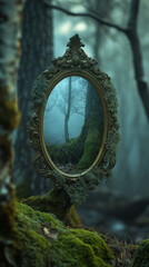 Vintage oval mirror in foggy forest