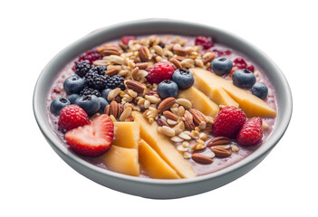 A smoothie bowl artistically topped with slices of fruit and nuts isolated on transparent background