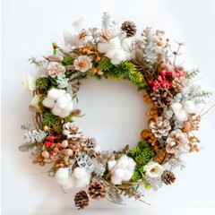 Festive Winter Wreath Adorned with Cotton, Frosted Pine Cones, and Vibrant Berries on a Clean White Background. Generative AI