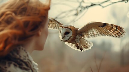Obraz premium red-haired woman observing a flying barn owl in nature