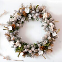 Winter wreath with pine cones and white flowers on a white background. Flat lay photography with copy space. Generative AI . Christmas and New Year decoration concept. 