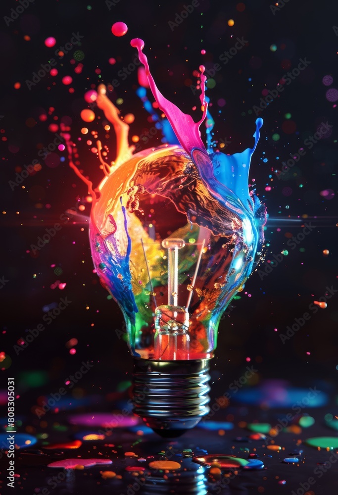 Poster light bulb with colorful paint splashing out of it