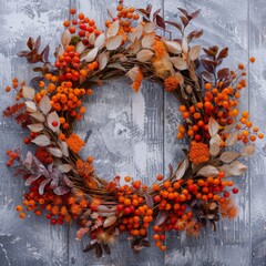 Autumn wreath with vibrant orange berries and dried leaves on a distressed wooden background. Close-up photography. Fall harvest and Thanksgiving decoration concept.  Generative AI