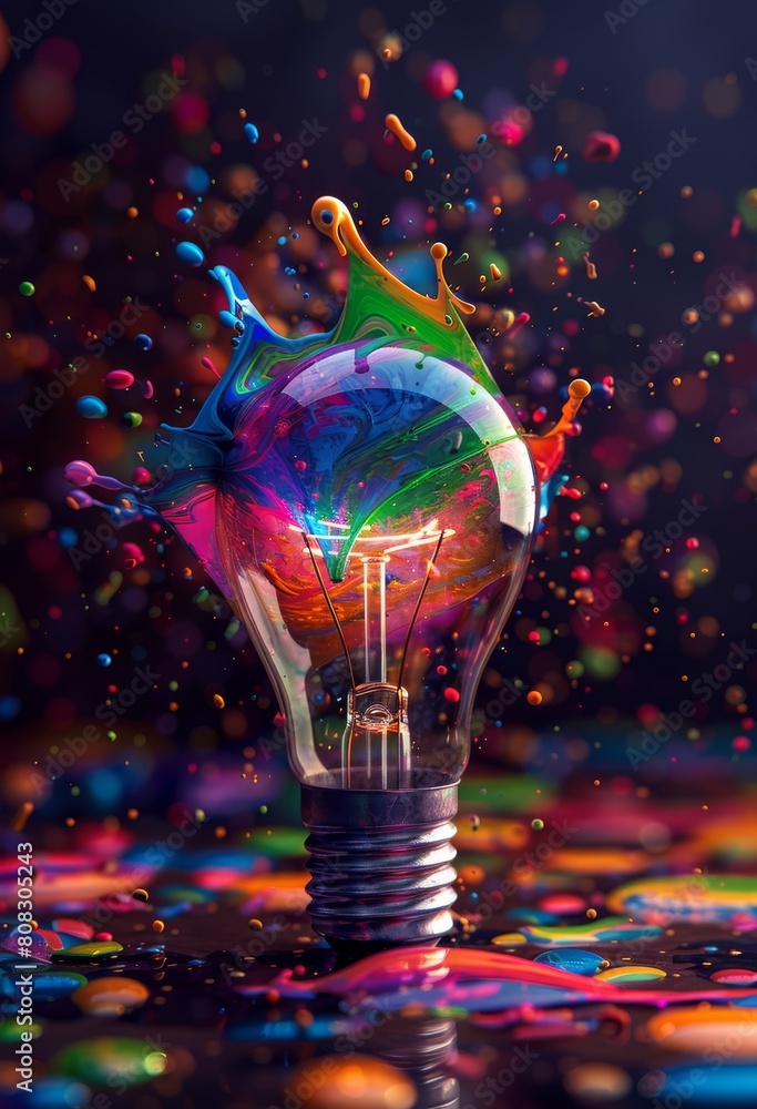 Poster light bulb with colorful paint splashing out of it