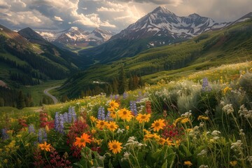A beautiful mountain landscape with a road running through it. The road is surrounded by a lush green field of wildflowers