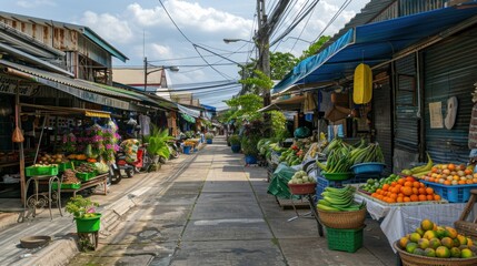 A street with a lot of fruit stands and a blue awning