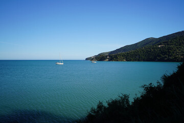 beach and shore of Limni Keriou and Marathonisi island 