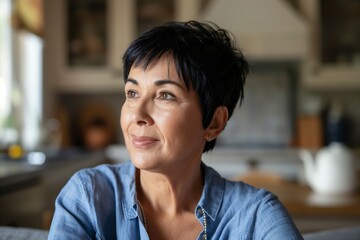 Obraz premium Portrait of a thoughtful mature woman with short hair, gazing into the distance in a warm, indoor setting, exuding a sense of serenity and life experience
