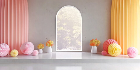 Pastel Paper Decor for pink yellow hall Archway.DIY art installation for festive