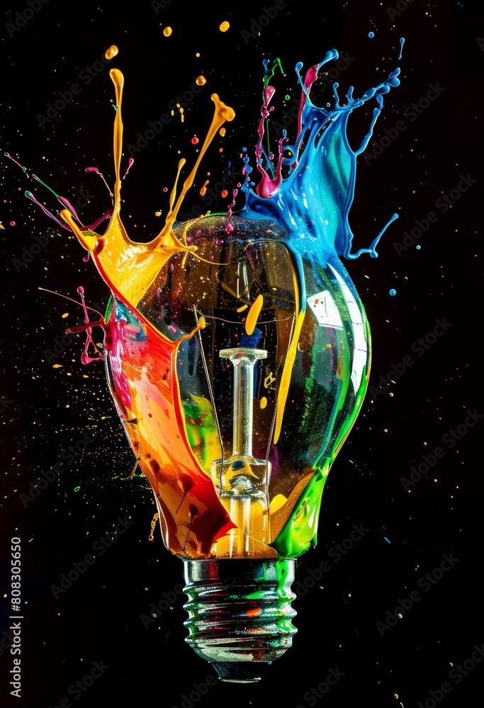Poster light bulb with colorful paint splashing out of it