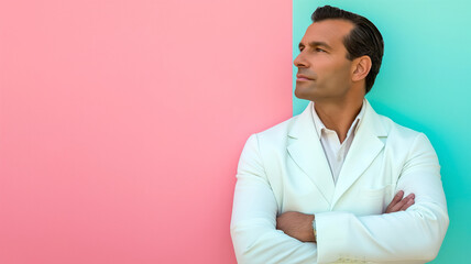 Man in a chic white suit exudes confidence against a pastel backdrop, embodying sophistication and modern style