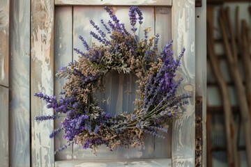 Fototapeta na wymiar Lavender wreath hanging on a rustic wooden door. Aromatic floral decor. Spring and summer decoration concept. Design for greeting cards and home decor. Generative AI
