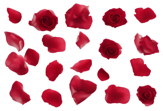 Set of red rose flowers and petals isolated on transparent background