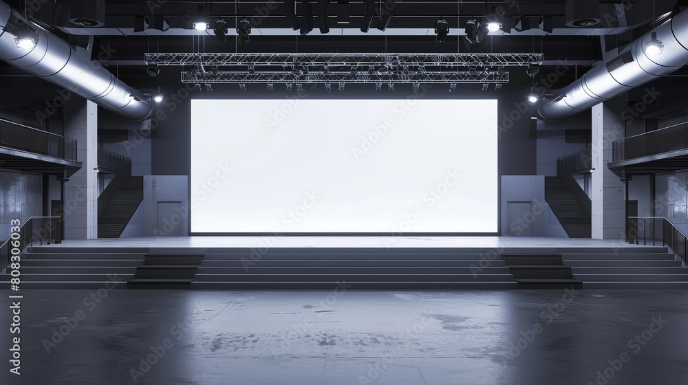 Poster a perspective view of a big blank white illuminated screen is presented in this 3d rendering, featur