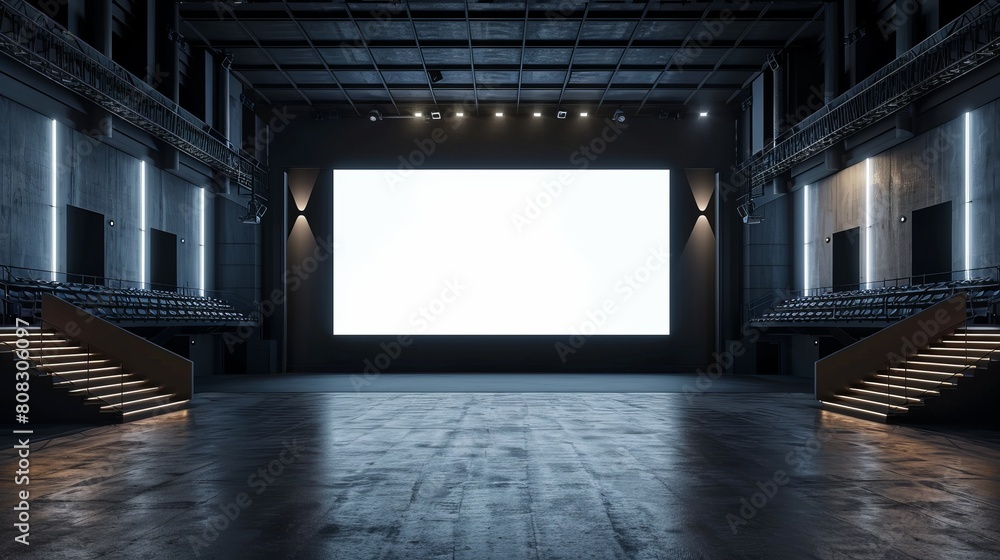 Poster a perspective view of a big blank white illuminated screen is presented in this 3d rendering, featur