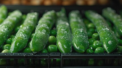   Close-up shot of green peppers with water drops on top and bottom