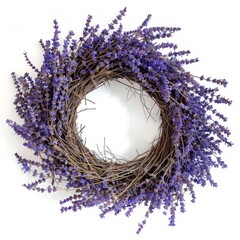 Dense lavender wreath isolated on a white background. Vibrant botanical decor concept. Design for greeting cards and luxurious home decoration.  Generative AI