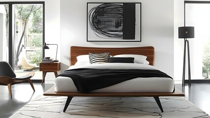 Midcentury modern bed with sleek lines and retro vibes in background. Concept Midcentury Modern Furniture, Sleek Lines, Retro Vibes, Bedroom Decor, Interior Design