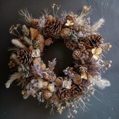Elegant winter wreath with a variety of pine cones, dried flowers, and fluffy botanical elements on a dark background. Festive decoration and sophisticated interior design. Generative AI