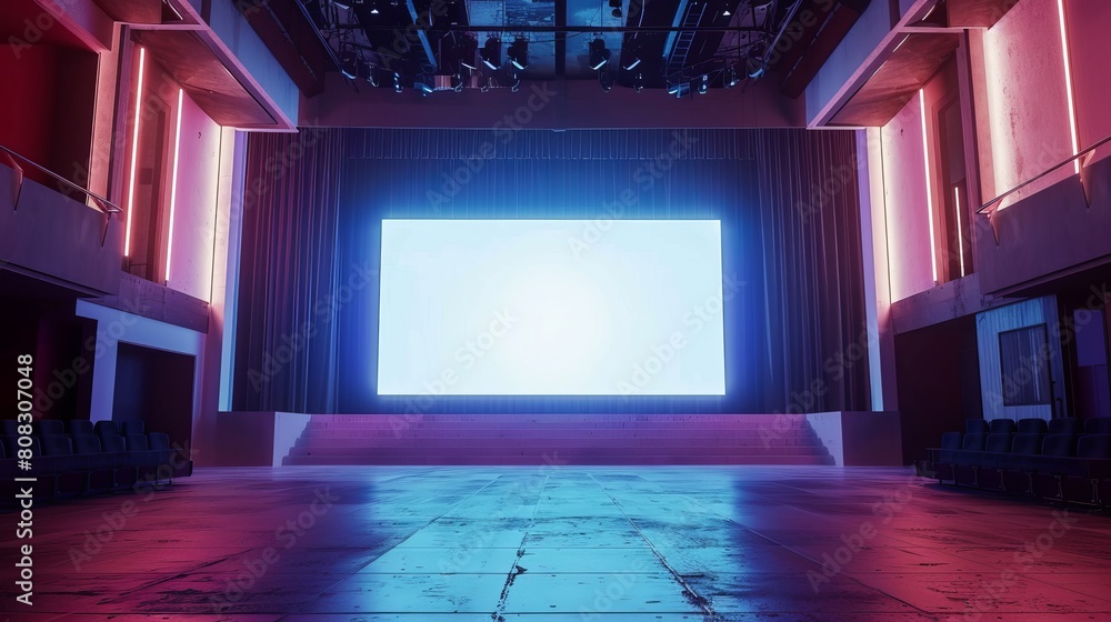 Poster a stage mockup with an empty light cinema screen is depicted in this 3d rendering.