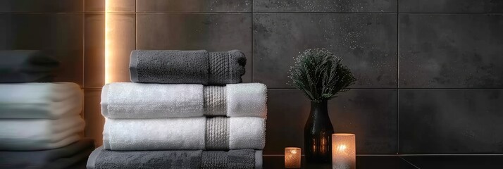 Simplicity and Cleanliness, Grey and White Towels, Dark Tiled Background