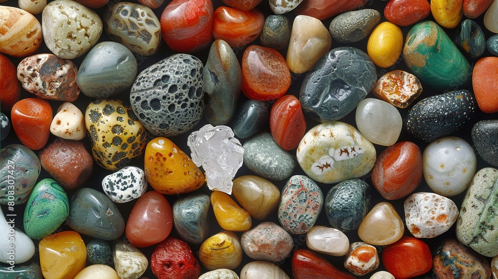 Poster a macro shot of multicolored and varied-sized stones stacked atop one another