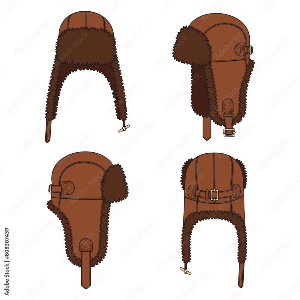 Poster set of color illustrations with flying cap with earflaps. isolated vector objects on white backgroun