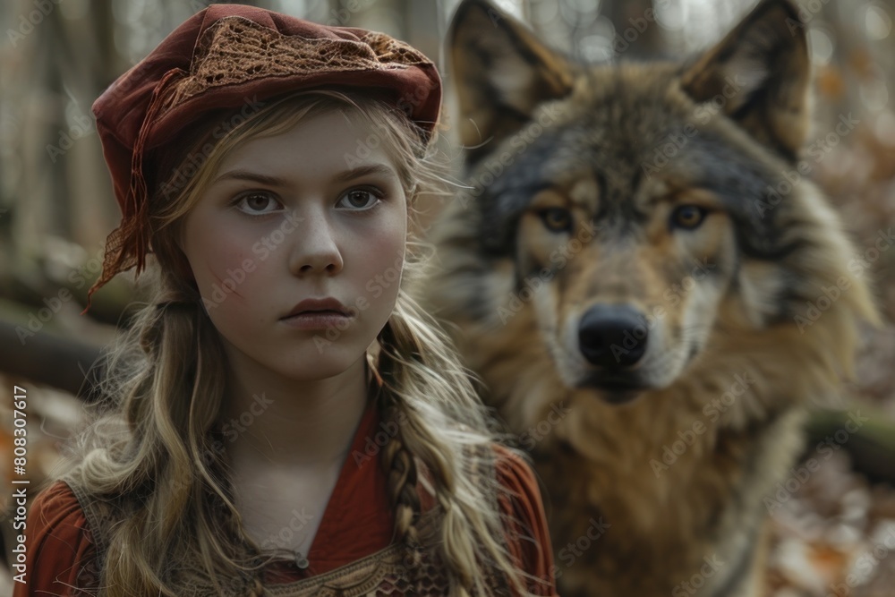 Wall mural A young girl stands in front of a large wolf. The girl is wearing a red hat and a red dress