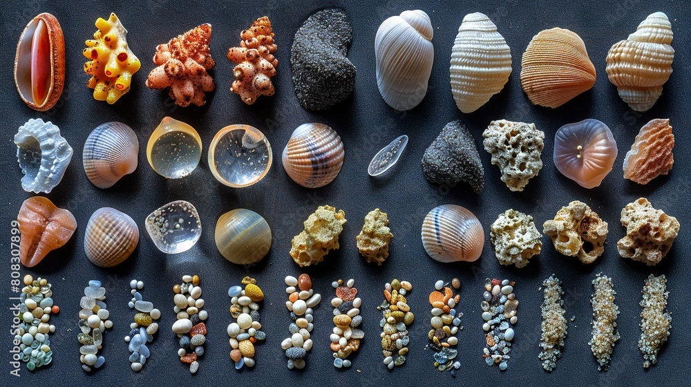 Poster a set of seashells arranged on a dark background, featuring diverse shell shapes and sizes