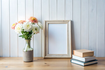 picture frame, book, flowers on white table, minimalistic composition, wooden desk with books