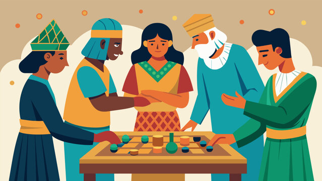 In a bustling marketplace merchants and travelers pause to watch a group of ancient Egyptian players engage in a game of Senet moving their carved. Vector illustration