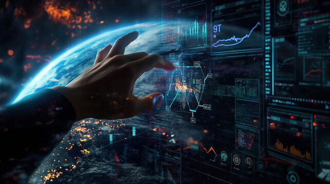 a person&rsquo;s hand controls information flows, stock charts, computer program codes, video content streams on social networks against the backdrop of the globe, computer technology