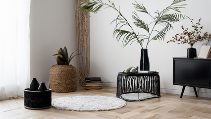 Stylish home decoration of unusual design bedside table, leaves in vase, black rattan basket, books and elegant living room.