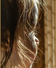 A warm, golden-hour photo capturing a female's hair and ear with individual strands highlighted by the sun
