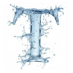 Splash of water takes the shape of the letter T, representing the concept of Fluid Typography. The waters blue color contrasts with the white background. Letter T water splash alphabet