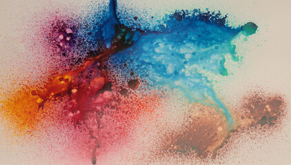 INK Watercolor flow spray blot drops on beige. Abstract art background.