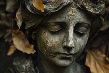 Fototapeta premium Serene Ancient statue autumn leaves. Art sculpture. Generate Ai