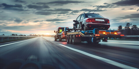 Roadside assistance on the highway side view of the flatbed tow truck with the vehicles with black cloud background