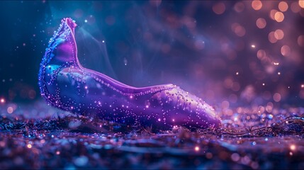A royal purple ballet slipper on a theater stage background billboard, advertising a new ballet performance.