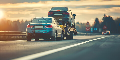 Damaged Hatchback Car Loaded On An Emergency Tow Truck For The Repairs Roadside Assistance On A High background cloud