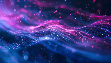 Abstract digital background with glowing connections and dots in dark purple, pink and blue colors. Concept of technology network, global communication or big data connection. 