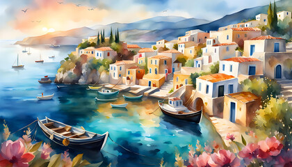 Watercolor illustration, seaside landscape of old Italy (Greece) with houses and fishing boats, background for smartphone, illustration for print and interior decoration,