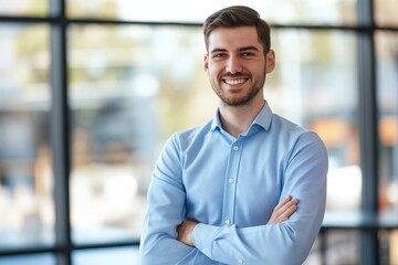 Professional young man smiles warmly, standing with crossed arms in a modern office environment, exuding confidence and approachability with natural daylight enhancing the friendly atmosphere