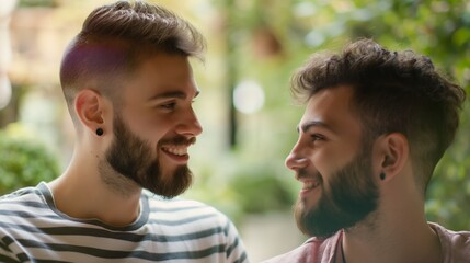 Fototapeta premium Two cheerful young men with trendy hairstyles share a joyful moment together, exuding friendship and happiness against a softly blurred natural background