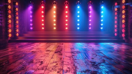 Empty modern stage with bright background for award show, stage lighting with spotlights for theater performance or entertainment show